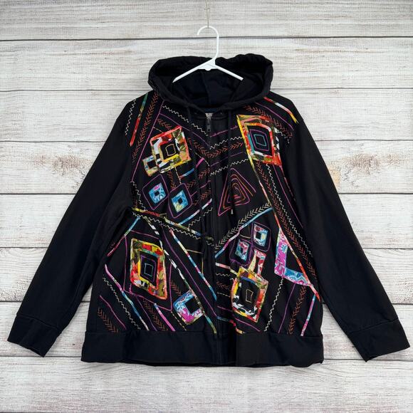 Life Style BOHO Embroidered Full Zip Hoodie Womens 1X Black Made in India - Picture 1 of 11